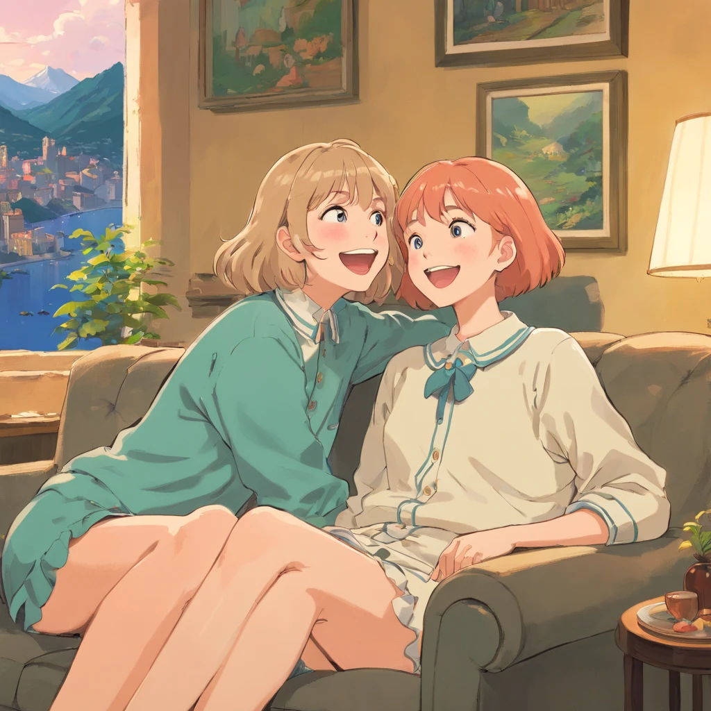 (masterpiece, best quality), 2girls, ite, younaked, bottomless, pussie), colotful t-shirt, closeup, (freckles), spread legs, (masturbation:1.2), smile, sitting in street cafe, , city street, blue skies, vibrant colors, bright, watercolor