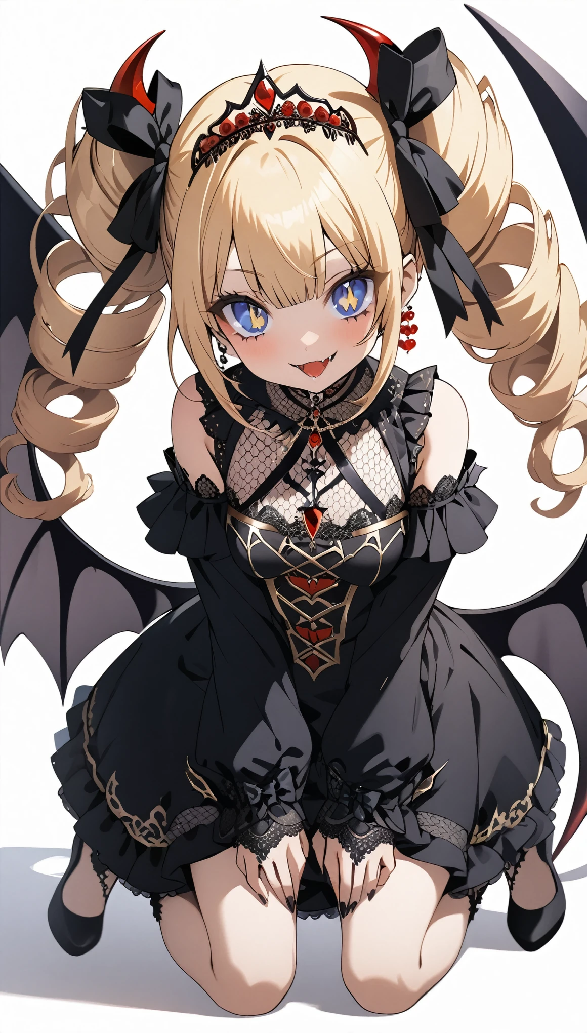 score_9, score_8_up, score_7_up, best quality ,masterpiece, 4k, Japanese anime, 1girl, (medium length hair:1.2), Fishnet tights, drill hair, blonde hair, smallest breasts, (eye lashes:1.3), (eye shadow:1.3), blue eyes, (beautiful detailed eyes:1.4), laugh, (full body:1.8), original character, fantasy, (demon wing:1.5),(White background:1.2), beautiful fingers, (blue gold lace frill Gothic dress:1.5), (red tiara:1.5) ,(head ribbon:1.5),shoot from front, looking at viewer, 