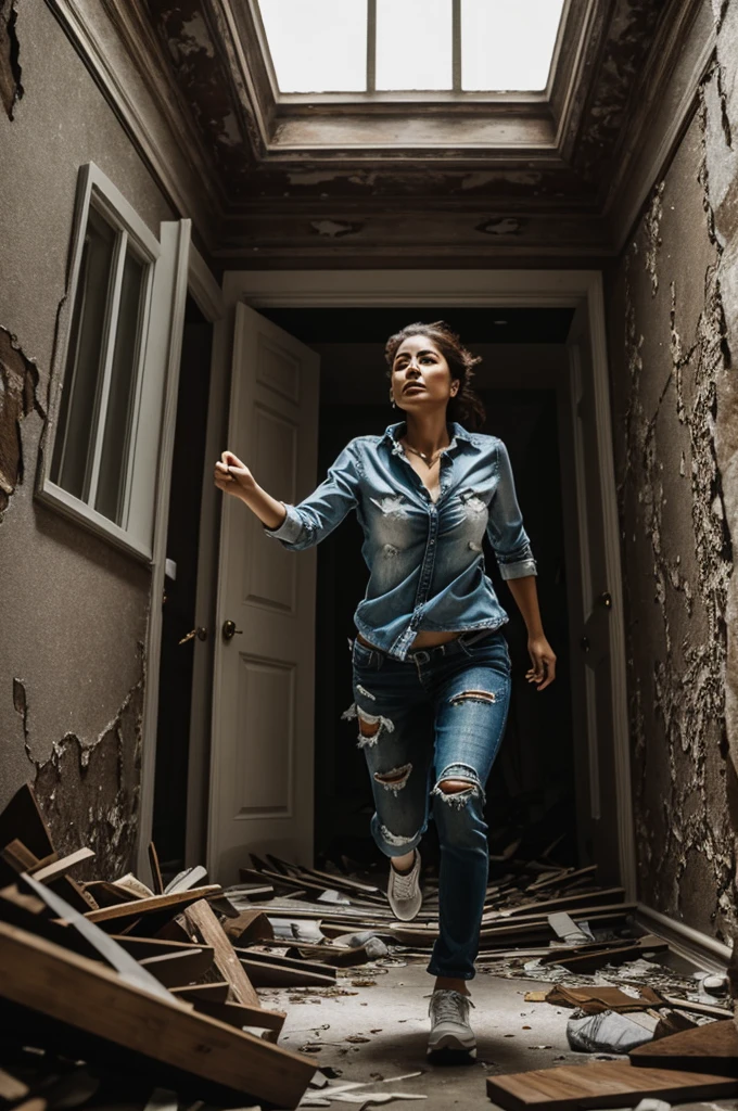A woman comes running out of an old mansion with torn clothes