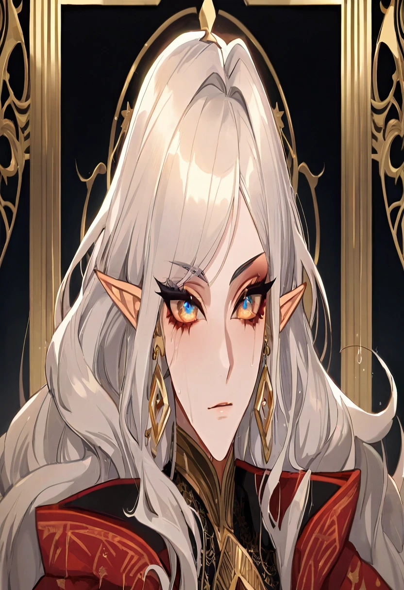 (masterpiece),(highest quality),highres, (extremely detailed), ultrahires, (yellow skin 1.5), altmer, male, pretty boy, anime guy, anime boy, dollish eyelashes, long wavy hair, portrait, matador, delicate lace, richly patterned brocade, smoky eyes, egyptian eyeliner, ostentatious brocade robes, glamorous, gorgeous, stunning eyes, jewelry, veils, golden skin, dewy skin, bjd, glossy eyelids, wet eyeshadow, vibrant, pointy chin, v shaped jaw, domineering, proud, slender, high elf, curly hair,