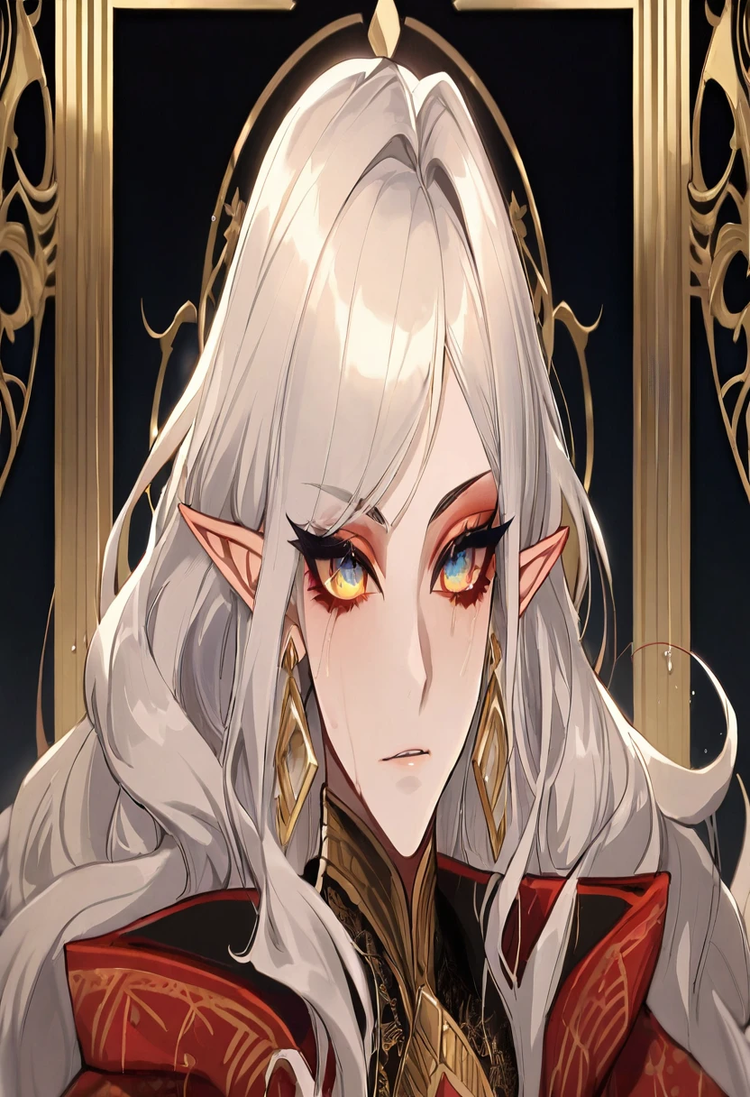 (masterpiece),(highest quality),highres, (extremely detailed), ultrahires, (yellow skin 1.5), altmer, male, pretty boy, anime guy, anime boy, dollish eyelashes, long wavy hair, portrait, matador, delicate lace, richly patterned brocade, smoky eyes, egyptian eyeliner, ostentatious brocade robes, glamorous, gorgeous, stunning eyes, jewelry, veils, golden skin, dewy skin, bjd, glossy eyelids, wet eyeshadow, vibrant, pointy chin, v shaped jaw, domineering, proud, slender, high elf, curly hair,