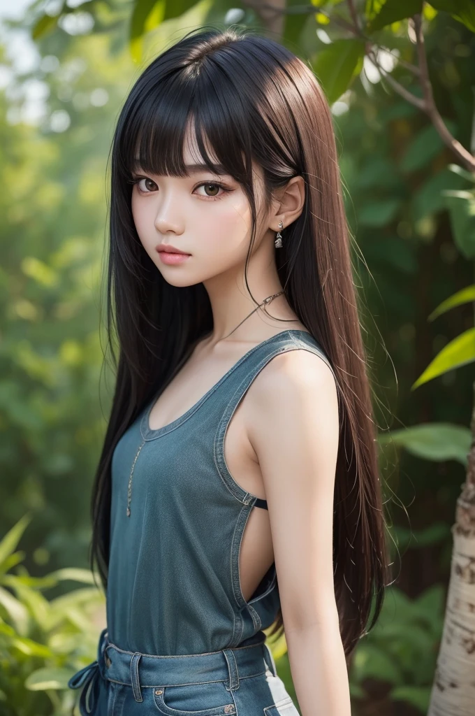 Make a 17-year-old Thai kpop idol with long black hair and bangs and greenish-brown eyes