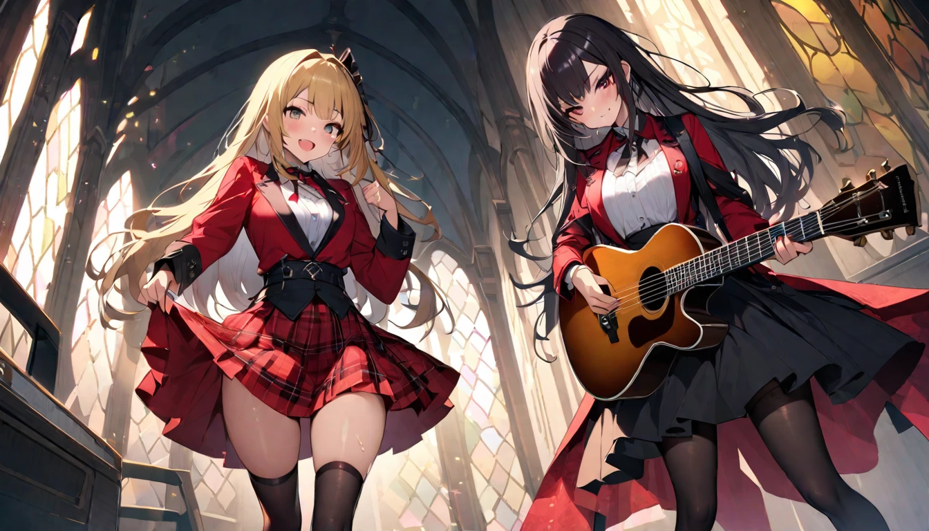 laser for high school girls、 uniform、Red plaid knee-length skirt、long skirt、Jay Kay Style、jacket、smile、knee socks、Thigh High Socks、tights、Magnificent beauty、super cute、yearning、Rare beauty、Black dark eyeshadow、Good skin glow、Long hair straightener、Dark gothic makeup、Темная smile、Fragrant beauty、stained glass background、masterpiece、Best quality、Refers to 5 books、Sweat glistens on my chest、Sweat glistens on my face、、Golden hair、age 19 years、A little thin、The Mysterious Look、Sad expression、Golden hair、Profuse sweating all over the body、Lots of sweat and light on my thighs、Shiny thighs、Profuse sweat glistens on the thighs、A large amount of sweat glistens on my thighs.、Profuse sweating、Fire、Japanese face、enticing expression、thin hips、To play guitar、I have a guitar、Sing a song enthusiastically、To play guitar in a band、To play guitar chords、Living home background、Sing a song、open your mouth、Living home decorationike is standing、Glamorous live scene、dynamic angle、Platform boots、They're standing、Hime cut his hair、Gothloli, Dark, night, shining eyes, black light、completely naked, Photorealistic, depth of field, ultra detailed, detailed face, very precise eyes))), dynamic action pose(Masterpiece), (Anime Style), (Super Detailed), (Brutal), (UHD, HDR), (8K), (High Resolution: 1.2), (Complex and Beautiful: 1.2), (Dramatic Lighting: 1.2) , (staring at the viewer), lora:add_detail:1, female necromancer, flowing white hair, detailed red eyes, skelet, Tomohiko Ito style