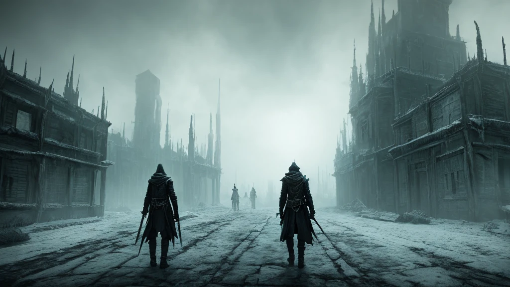Masterpiece, 4K, Sharp focus, Highest quality,Wide shot,Imagine a world where darkness and cold reign, You find yourself in the depths of the nine levels of hell. The once vibrant landscape is now transformed into a quiet and terrifying ghost town,Filled with endless pain. The sky is obscured by a thick haze, The only sound you hear is the cry of a person. As you pass the level, You encounter demons and tormentors, Everyone is determined that you will not escape their grasp. You can survive every layer of horrond your way out of this dark and cold hellish landscape??