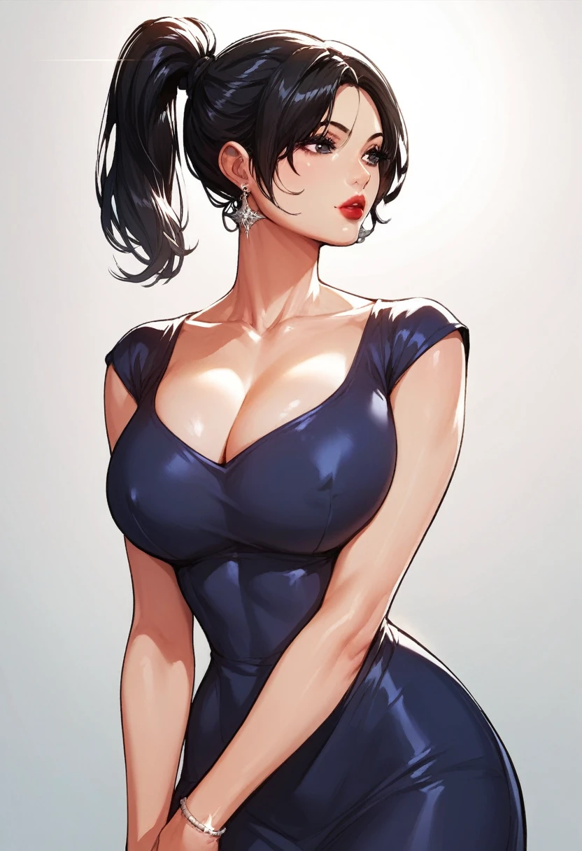 nari, black eyes, black hair, short hair, big breasts, school dress,big silver chandelier earrings ,hair ponytail , lipstick