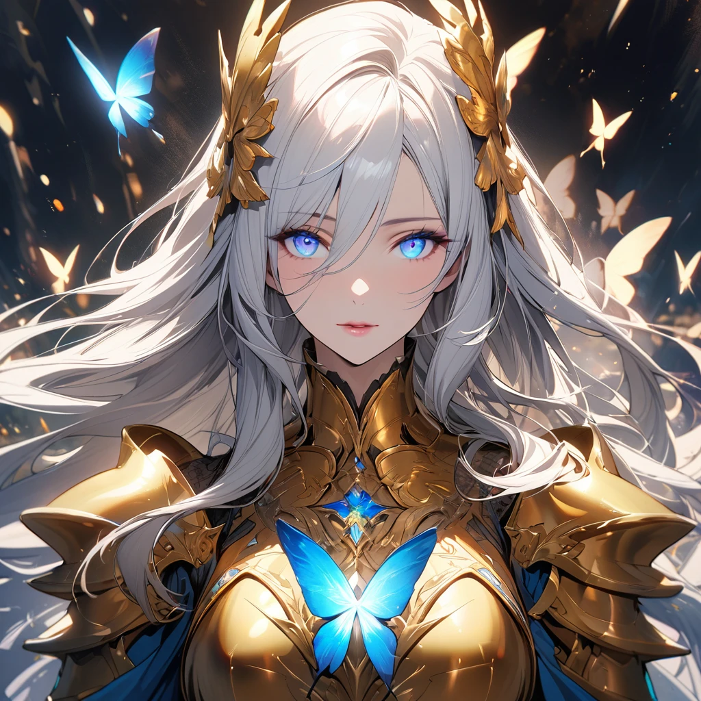 girl, white hair, long hair, glowing blue eyes, golden armor, mature woman, gorgeous, beautiful background, super detail, beautiful color, glowing butterfly, angel, main face, front face