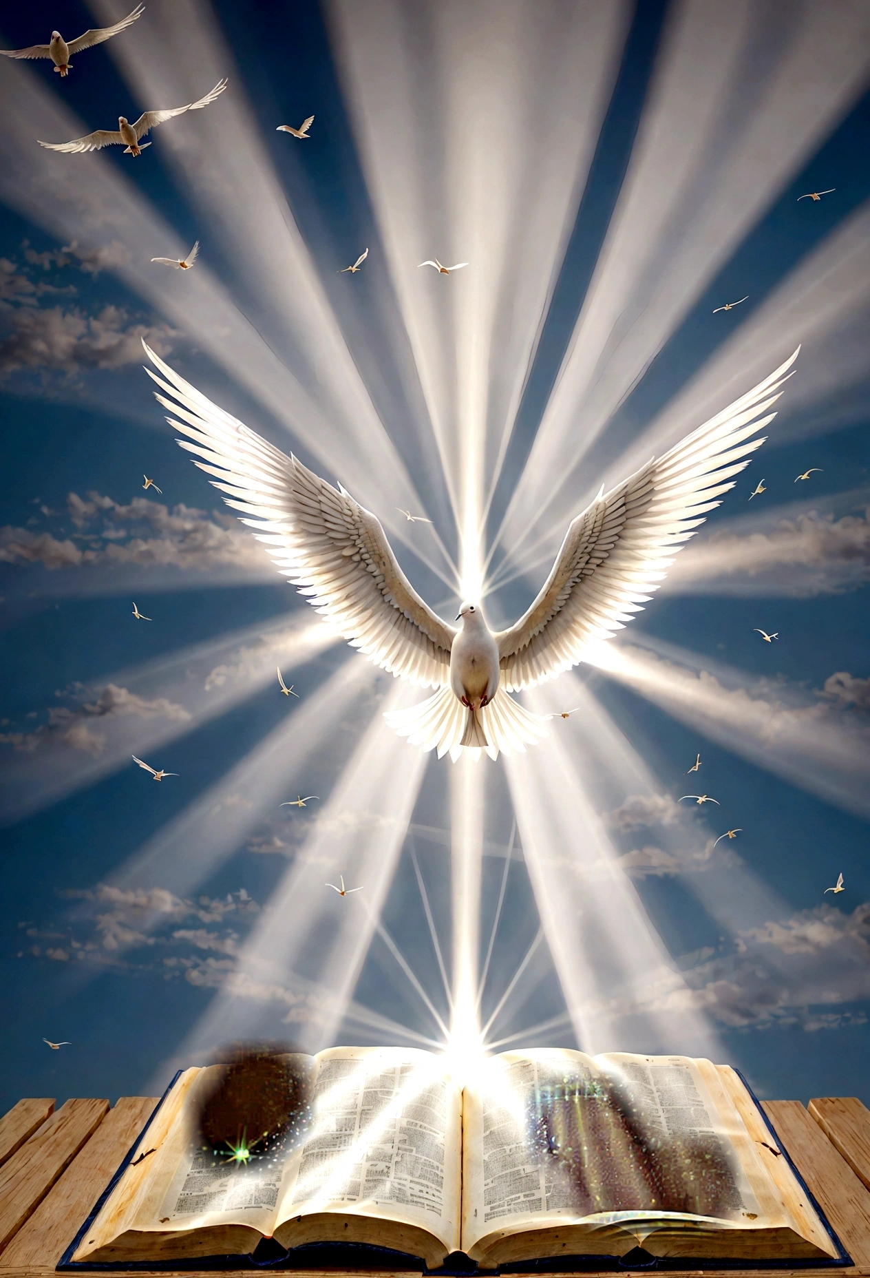 An open holy Bible, with rays of light emanating from it and a dove hovering above. #illustration #HDR #Creative