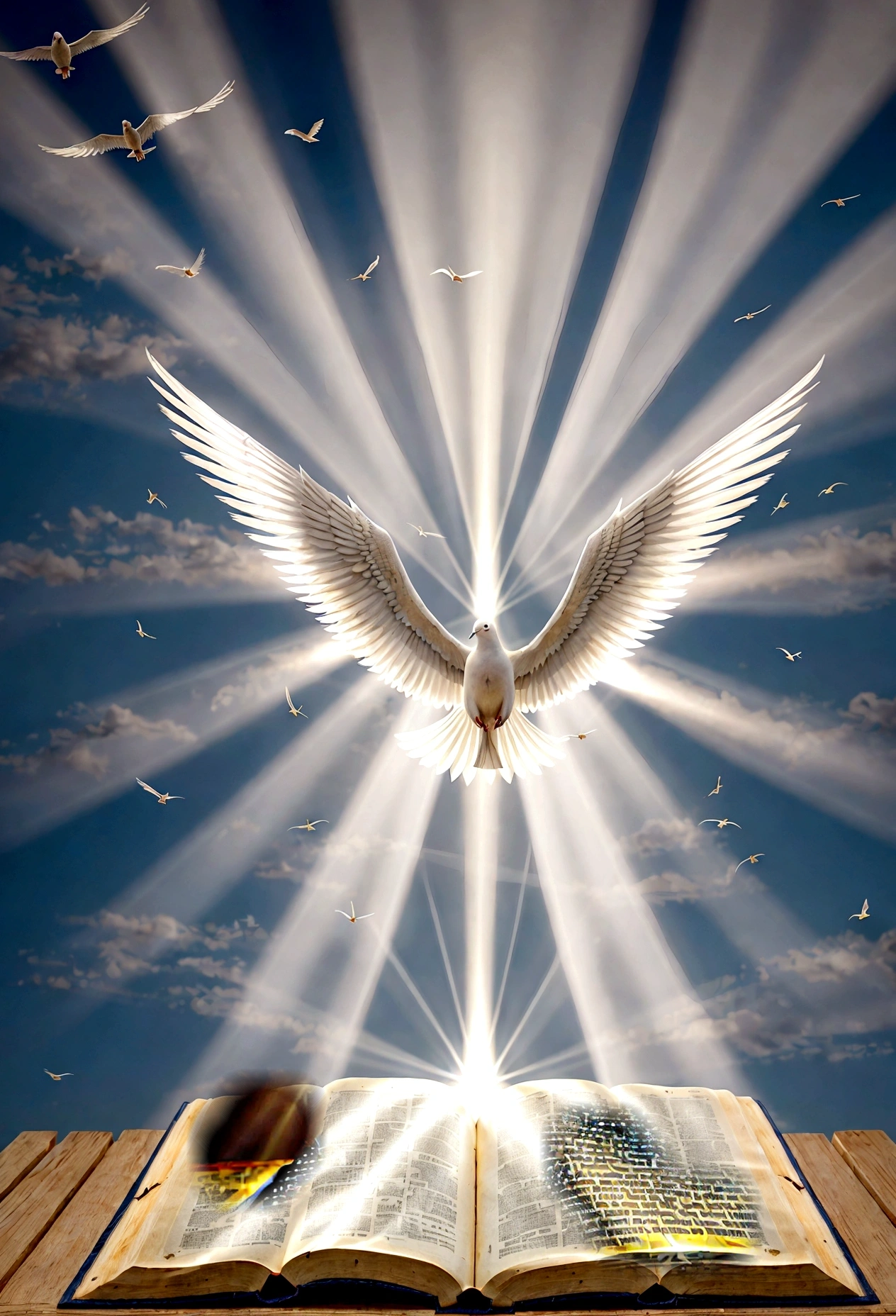 An open holy Bible, with rays of light emanating from it and a dove hovering above. #illustration #HDR #Creative