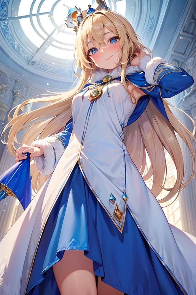 (best quality,Eid al-Fitr, Mature, concubine, 1 girl,very high,elegant,Long blond hair, blue eyes,Bohemian medieval clothing,Fantasy medieval background,Soft lighting,Academic) ，(crown, Luxurious royal blue cape, White fur, gem, Decorations, Royal coat of arms, pick up the scepter:1.5), (portrait, Blonde hair, Shiny hair, Glowing skin), (Bokeh), (Tilt your head to one side:1.5), Eye Reflection, (blush, Smile, Cowboy shooting, From below:1.5)