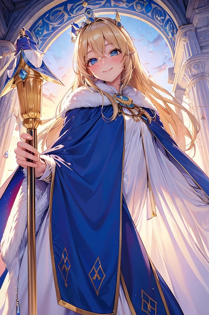 (best quality,Eid al-Fitr, Mature, concubine, 1 girl,very high,elegant,Long blond hair, blue eyes,Bohemian medieval clothing,Fantasy medieval background,Soft lighting,Academic) ,(crown, Luxurious royal blue cape, White fur, gem, Decorations, Royal coat of arms, pick up the scepter:1.5), (portrait, Blonde hair, Shiny hair, Glowing skin), (Bokeh), (Tilt your head to one side:1.5), Eye Reflection, (blush, Smile, Cowboy shooting, From below:1.5)