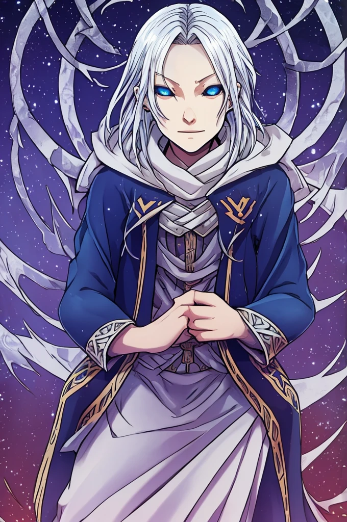 Sigrid, also known as "Divinity," possesses a captivating appearance that exudes an otherworldly aura. As a young male humanoid, Sigrid stands at a height of 5 foot 8, with a slender and delicate frame. His ethereal presence is further enhanced by his striking features - white hair cascading down like a waterfall and piercing blue eyes that seem to hold the secrets of the universe. Draped gracefully over Sigrid's slender form is a long overcoat, its dark blue hue contrasting against his pale complexion. The overcoat gracefully extends below their knees, its fabric adorned with intricate patterns that seem to dance and intertwine with each other. It is a testament to the artistry and craftsmanship that went into its creation. Beneath the overcoat, a dark gray shirt peeks through, bearing a bold symbol at its center - a large X. This X, a striking juxtaposition of red and purple, serves as a visual representation of the duality that resides within Sigrid. It is a symbol that hints at the enigmatic nature of his being. Sigrid's attire continues with pants that elegantly taper down to their ankles, allowing for freedom of movement. Completing his ensemble are a pair of boots, sturdy yet stylish, providing a solid foundation for each step he will take. Upon closer inspection, one would notice the presence of four bands adorning Sigrid's jacket. Two bands encircle each arm, while the other two wrap around the area where his rib cage would be located. These bands, a shade of dark gray, serve as a subtle accent to his overall attire. Delicately patterned Xs adorn the bands, positioned at four even angles, with a single line traversing through all of them. It is a meticulous detail that adds a touch of mystique to Sigrid's ensemble. Sigrid, known as "Divinity," is a vision of elegance and intrigue. His appearance, from the flowing white hair to the intricate patterns on their attire, is a testament to his unique and captivating nature