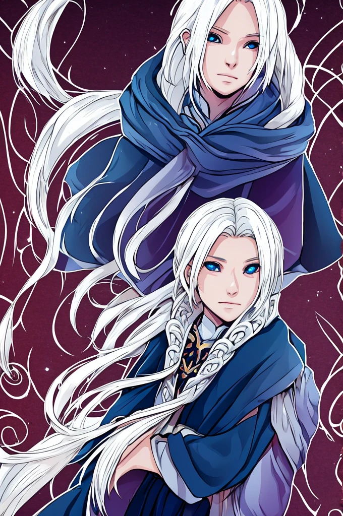 Sigrid, also known as "Divinity," possesses a captivating appearance that exudes an otherworldly aura. As a young male humanoid, Sigrid stands at a height of 5 foot 8, with a slender and delicate frame. His ethereal presence is further enhanced by his striking features - white hair cascading down like a waterfall and piercing blue eyes that seem to hold the secrets of the universe. Draped gracefully over Sigrid's slender form is a long overcoat, its dark blue hue contrasting against his pale complexion. The overcoat gracefully extends below their knees, its fabric adorned with intricate patterns that seem to dance and intertwine with each other. It is a testament to the artistry and craftsmanship that went into its creation. Beneath the overcoat, a dark gray shirt peeks through, bearing a bold symbol at its center - a large X. This X, a striking juxtaposition of red and purple, serves as a visual representation of the duality that resides within Sigrid. It is a symbol that hints at the enigmatic nature of his being. Sigrid's attire continues with pants that elegantly taper down to their ankles, allowing for freedom of movement. Completing his ensemble are a pair of boots, sturdy yet stylish, providing a solid foundation for each step he will take. Upon closer inspection, one would notice the presence of four bands adorning Sigrid's jacket. Two bands encircle each arm, while the other two wrap around the area where his rib cage would be located. These bands, a shade of dark gray, serve as a subtle accent to his overall attire. Delicately patterned Xs adorn the bands, positioned at four even angles, with a single line traversing through all of them. It is a meticulous detail that adds a touch of mystique to Sigrid's ensemble. Sigrid, known as "Divinity," is a vision of elegance and intrigue. His appearance, from the flowing white hair to the intricate patterns on their attire, is a testament to his unique and captivating nature
