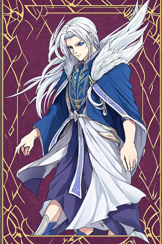 Sigrid, also known as "Divinity," possesses a captivating appearance that exudes an otherworldly aura. As a young male humanoid, Sigrid stands at a height of 5 foot 8, with a slender and delicate frame. His ethereal presence is further enhanced by his striking features - white hair cascading down like a waterfall and piercing blue eyes that seem to hold the secrets of the universe. Draped gracefully over Sigrid's slender form is a long overcoat, its dark blue hue contrasting against his pale complexion. The overcoat gracefully extends below their knees, its fabric adorned with intricate patterns that seem to dance and intertwine with each other. It is a testament to the artistry and craftsmanship that went into its creation. Beneath the overcoat, a dark gray shirt peeks through, bearing a bold symbol at its center - a large X. This X, a striking juxtaposition of red and purple, serves as a visual representation of the duality that resides within Sigrid. It is a symbol that hints at the enigmatic nature of his being. Sigrid's attire continues with pants that elegantly taper down to their ankles, allowing for freedom of movement. Completing his ensemble are a pair of boots, sturdy yet stylish, providing a solid foundation for each step he will take. Upon closer inspection, one would notice the presence of four bands adorning Sigrid's jacket. Two bands encircle each arm, while the other two wrap around the area where his rib cage would be located. These bands, a shade of dark gray, serve as a subtle accent to his overall attire. Delicately patterned Xs adorn the bands, positioned at four even angles, with a single line traversing through all of them. It is a meticulous detail that adds a touch of mystique to Sigrid's ensemble. Sigrid, known as "Divinity," is a vision of elegance and intrigue. His appearance, from the flowing white hair to the intricate patterns on their attire, is a testament to his unique and captivating nature