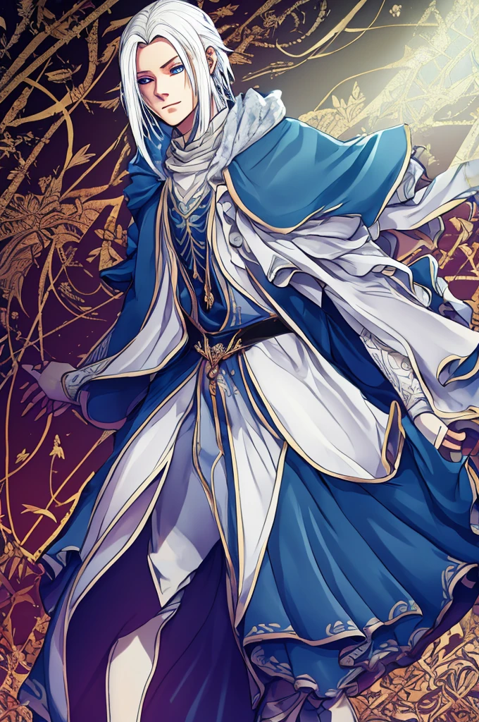 Sigrid, also known as "Divinity," possesses a captivating appearance that exudes an otherworldly aura. As a young male humanoid, Sigrid stands at a height of 5 foot 8, with a slender and delicate frame. His ethereal presence is further enhanced by his striking features - white hair cascading down like a waterfall and piercing blue eyes that seem to hold the secrets of the universe. Draped gracefully over Sigrid's slender form is a long overcoat, its dark blue hue contrasting against his pale complexion. The overcoat gracefully extends below their knees, its fabric adorned with intricate patterns that seem to dance and intertwine with each other. It is a testament to the artistry and craftsmanship that went into its creation. Beneath the overcoat, a dark gray shirt peeks through, bearing a bold symbol at its center - a large X. This X, a striking juxtaposition of red and purple, serves as a visual representation of the duality that resides within Sigrid. It is a symbol that hints at the enigmatic nature of his being. Sigrid's attire continues with pants that elegantly taper down to their ankles, allowing for freedom of movement. Completing his ensemble are a pair of boots, sturdy yet stylish, providing a solid foundation for each step he will take. Upon closer inspection, one would notice the presence of four bands adorning Sigrid's jacket. Two bands encircle each arm, while the other two wrap around the area where his rib cage would be located. These bands, a shade of dark gray, serve as a subtle accent to his overall attire. Delicately patterned Xs adorn the bands, positioned at four even angles, with a single line traversing through all of them. It is a meticulous detail that adds a touch of mystique to Sigrid's ensemble. Sigrid, known as "Divinity," is a vision of elegance and intrigue. His appearance, from the flowing white hair to the intricate patterns on their attire, is a testament to his unique and captivating nature
