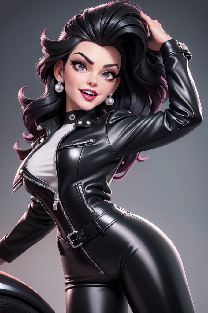 obra prima, melhor qualidade, (emma peel vamp 70yo face wrinkles) head back, sassy wicked girl, big toothy smile, open mouth, ((shiny pearl white lipstick,)) thick smoky black eye shadow, long fake eyelashes, raven black mullet hair, ((cherry red leather biker jacket and pants,)) with studs zippers snaps, shiny leather gloves, body is skinny, laying down on hood of sports car, shiny tight buttocks, dazzle pose, pinup pose, exaggerated selfie pose, camera view of whole body, looking up at me, shallow depth of field, highres, HD, 8k, anatomically correct
