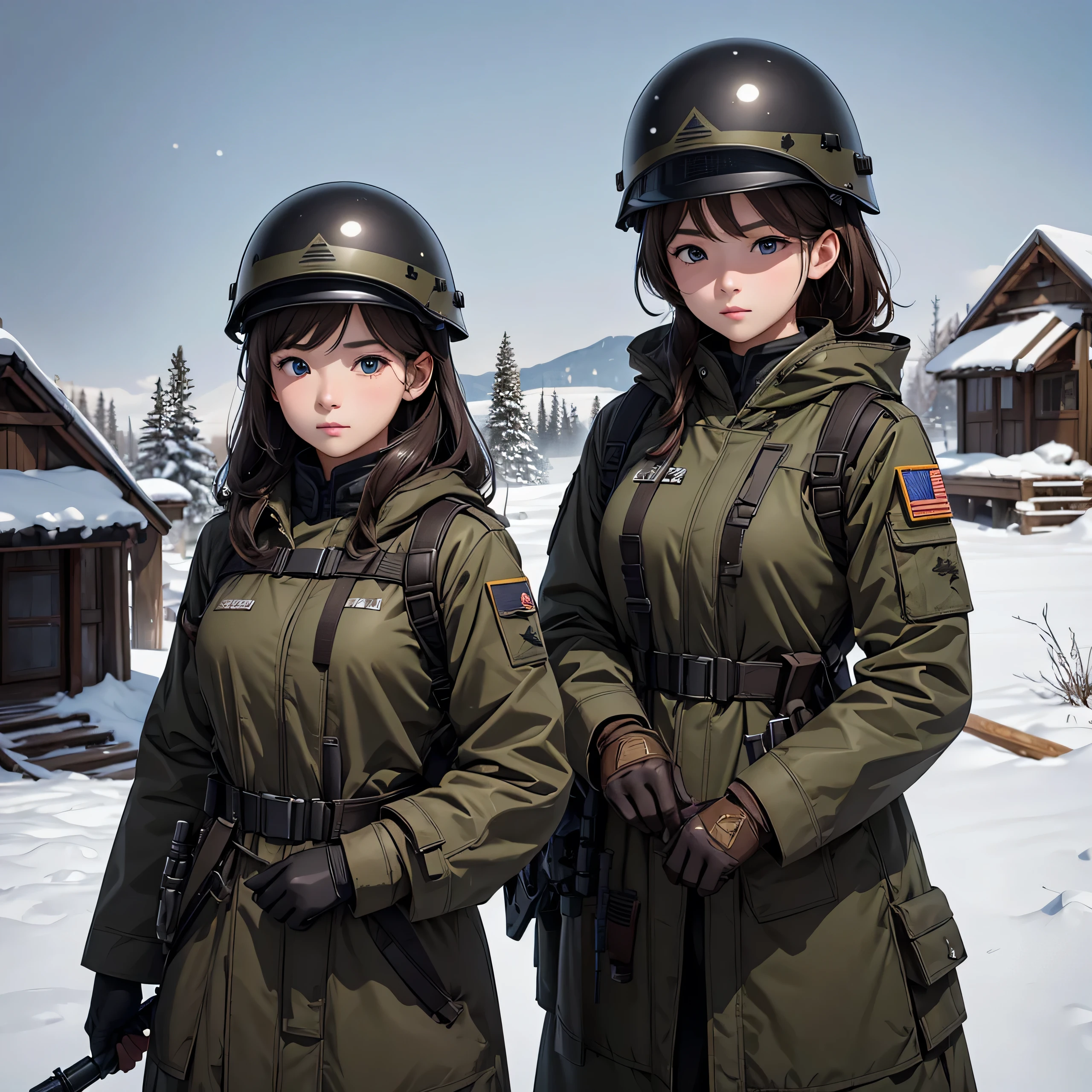 First-person perspective、Two female soldiers wearing helmets、Wear a dark brown thick long coat、Individual equipment set、front、Standing guard、Snowy military camp、Write details、masterpiece、best quality、Highly detailed CG、8K picture quality