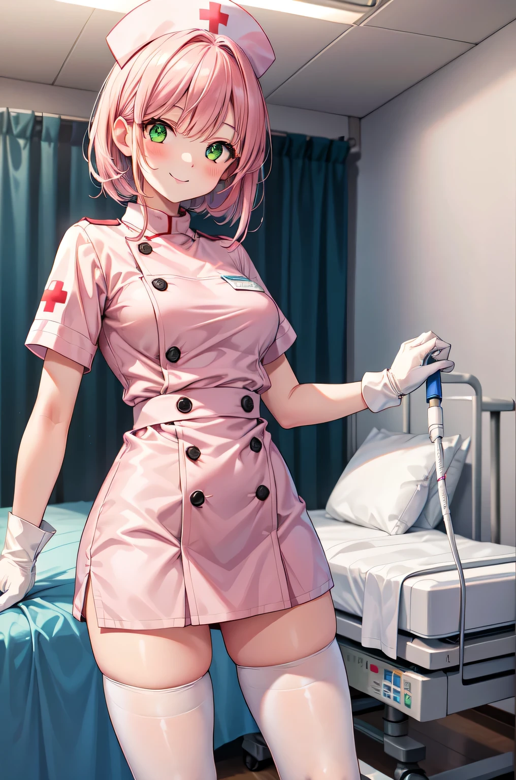 1girl, solo, nurse, white nurse cap, white nurse uniform, ((white legwear, zettai ryouiki)), white gloves, pink hair, green eyes, drooping eyes, smile, standing, ((hospital room)), sharp outline, short sleeves, best quality, masterpiece