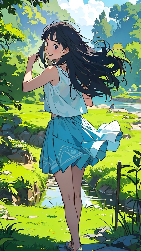 reasonable design, Clear lines, High Sharpness, (highest quality,4k,Perfect sharpness,Ultra fine,High resolution,masterpiece:1.2), Perfect Anatomy:1.5, Official Art, Illustrations that tell a story, (Whitish background:0. 9)、Body Positivity、More Mr.Physical expression、(Random and mischievous poses)、Perfect beauty、Perfect beautiful face、Strong winds、A rich expression、Dynamic composition、smile、Golden ratio composition、colorful、(Mr.Different angles and perspectives)、Anime Art、mini skirt、(Overcoming stereotypes)、 Glowing Skin、(Natural beauty)、smile、bangs、Straight Hair、(Soft and flowing hair)、(Rural Scenery)、(Nostalgic atmosphere)、Insert up to the thighs、(Playful and carefree)、(More Mr.Ethnic characters)、(innocent attitude)、(Sunny atmosphere)、Skirt flipped up、(Bright colors)、Belly button exposed、Beautiful Eyes、A skirt fluttering in the wind、Put it in to your feet、Some composition patterns、Tank top、Angle from behind、Angle from below、
