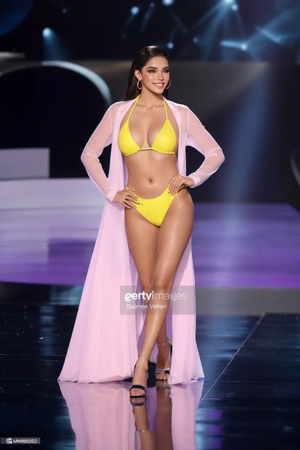Miss Universo contestant, Miss Universo contestant, camina por la pasarela durante el desfile en el certamen el 22 de noviembre,, Miss Universo, bikini model, brazilian supermodel, bella poarch, en bikini amarillo, 2 4 year old female model, swimsuit model, wears a bathing suit, en un bikini amarillo, with yellow cloths, blanca alvarez, con una cintura delgada, karla ortiz