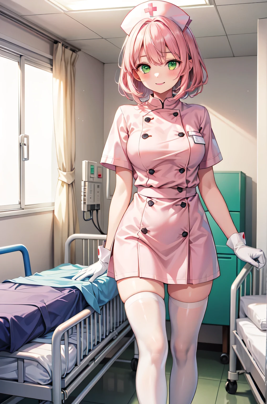 1girl, solo, nurse, white nurse cap, white nurse uniform, ((white legwear, zettai ryouiki)), white gloves, pink hair, green eyes, drooping eyes, smile, standing, ((hospital room)), sharp outline, short sleeves, best quality, masterpiece