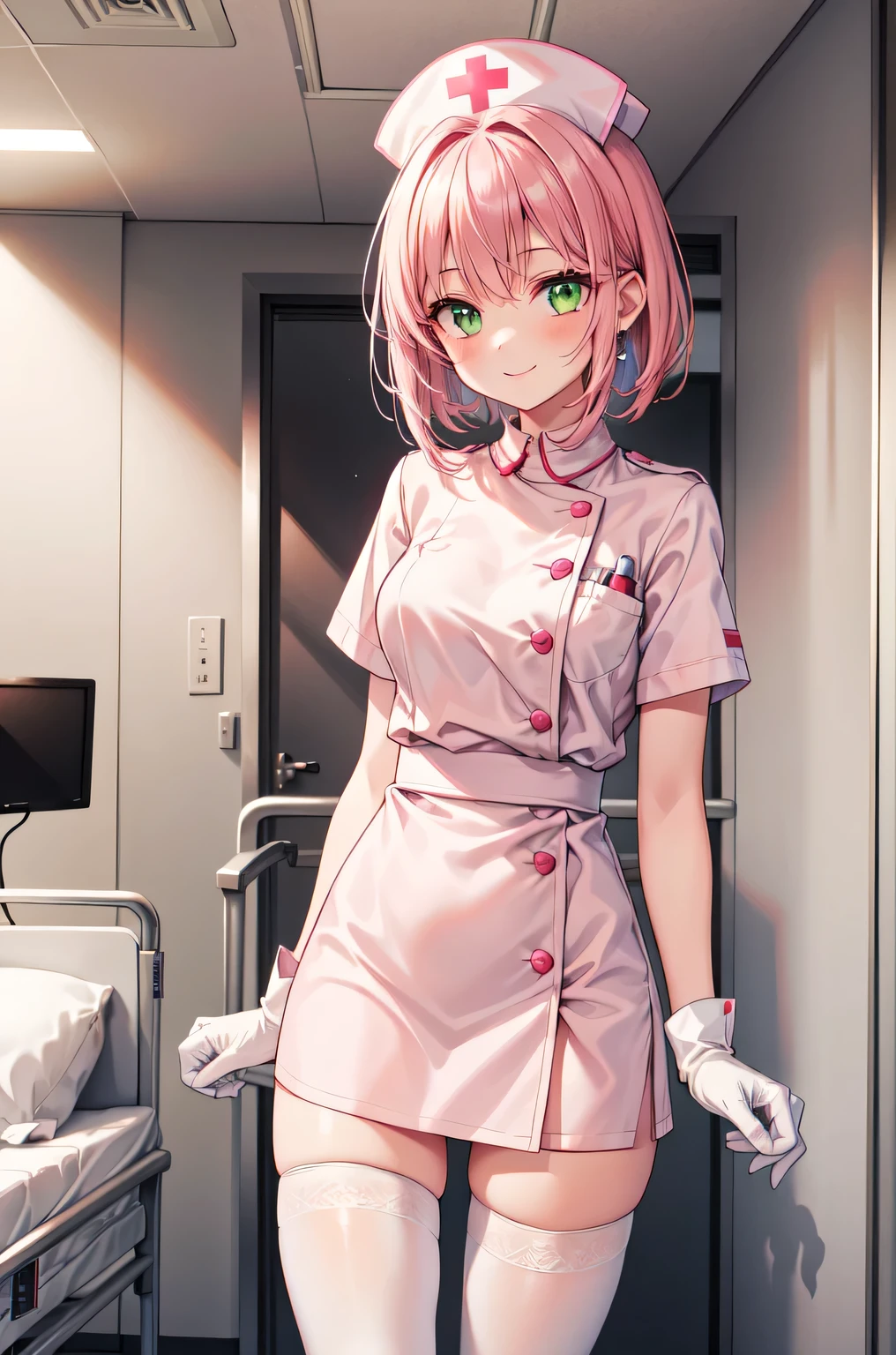 1girl, solo, nurse, white nurse cap, white nurse uniform, ((white legwear, zettai ryouiki)), white gloves, pink hair, green eyes, drooping eyes, smile, standing, ((hospital room)), sharp outline, short sleeves, best quality, masterpiece