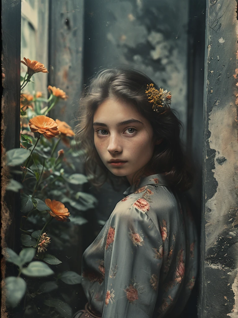 35mm Vintage photo of, the language of flowers, beautiful young woman in Gucci Apparels, looking at the camera, a secret passageway, photolab, lightroom, cozy, slate gray atmosphere, soft cinematic light,    