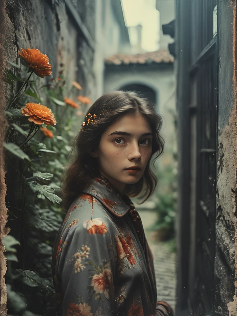 35mm Vintage photo of, the language of flowers, beautiful young woman in Gucci Apparels, looking at the camera, a secret passageway, photolab, lightroom, cozy, slate gray atmosphere, soft cinematic light,    