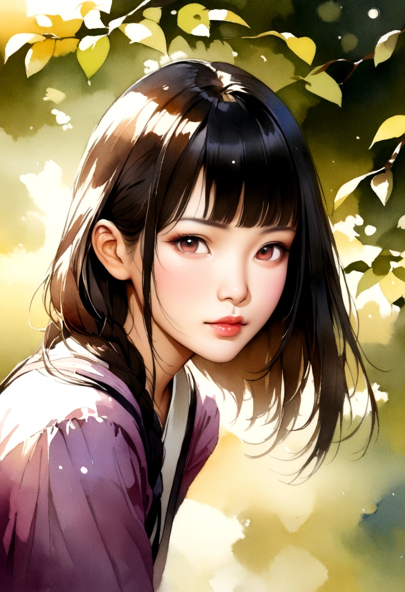 Watercolor style、Digital Art、Black Bob、Beautiful Japanese Girls、Realistic