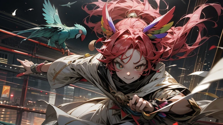 anime style,masterpiece,best quality,super detailed, super fine illustration, highly detailed, dynamic angle,dynamic scene, beautiful detailed, 8k, In the night カーニバル, BREAK colorful parrots and parakeets are flying in the sky or perching on clownの肩.clown,perfect face,perfect hands,smile,