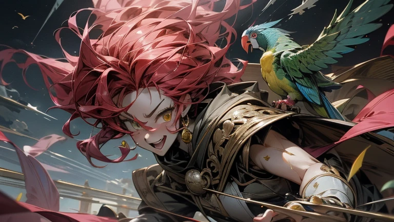 anime style,masterpiece,best quality,super detailed, super fine illustration, highly detailed, dynamic angle,dynamic scene, beautiful detailed, 8k, In the night カーニバル, BREAK colorful parrots and parakeets are flying in the sky or perching on clownの肩.clown,perfect face,perfect hands,smile,