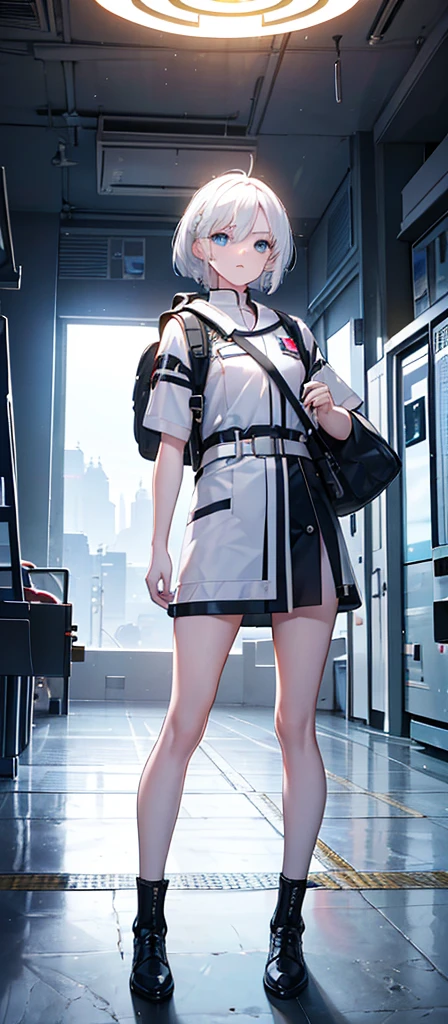 a beautiful young girl with medium-sized br easts, white hair, wearing a backpack,cinematic lighting, pho torealistic, extremely detailed, 8k, high resol ution, best quality, masterpiece，Blue Eyes，Sci-fi style，Fighter Girl
