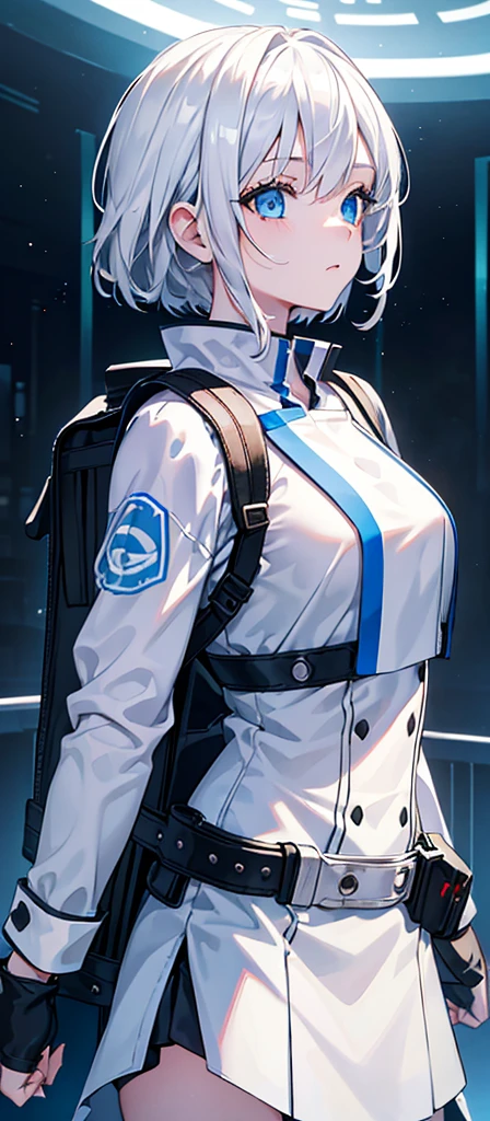 a beautiful young girl with medium-sized br easts, white hair, wearing a backpack,cinematic lighting, pho torealistic, extremely detailed, 8k, high resol ution, best quality, masterpiece,Blue Eyes,Sci-fi style,Fighter Girl