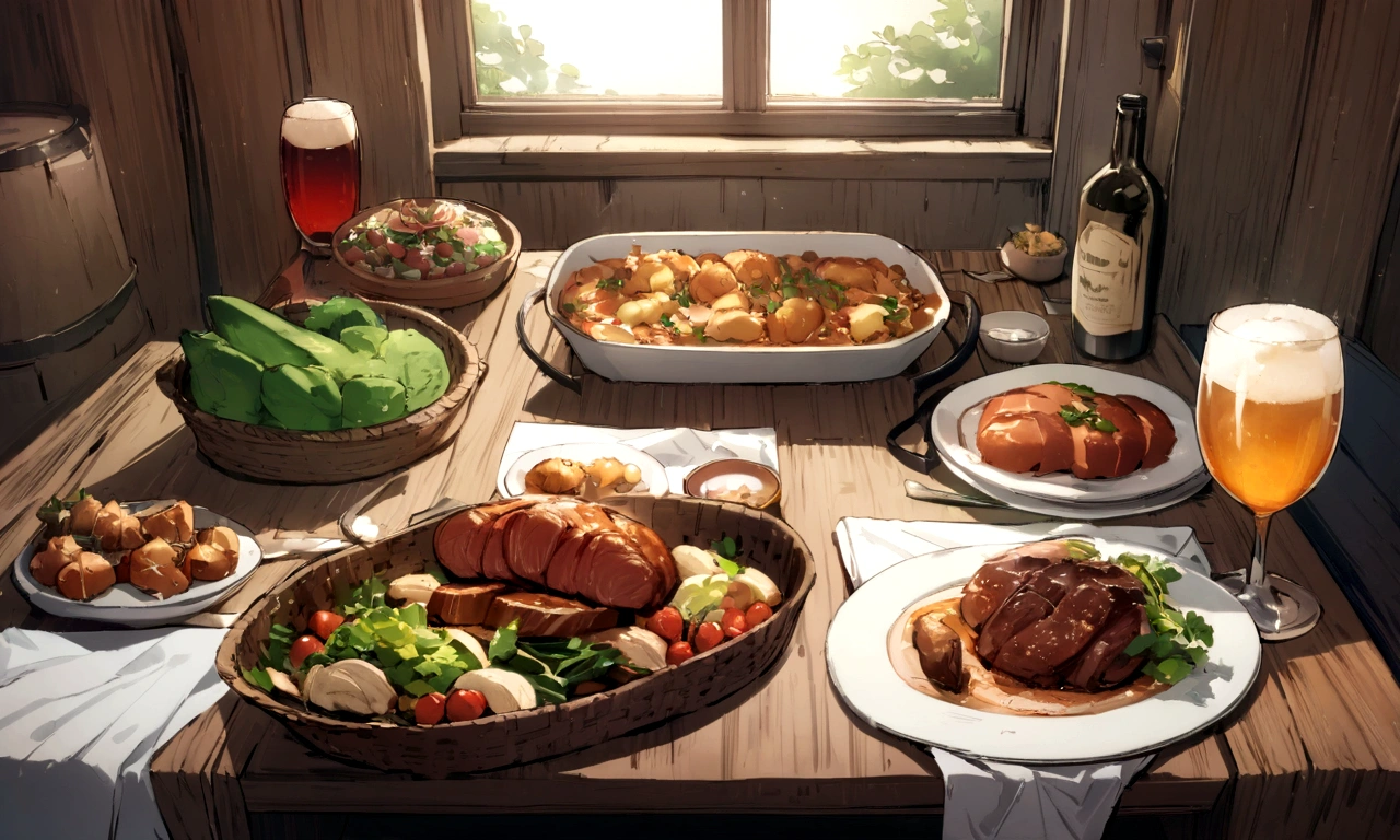 ((((masterpiece, Best Quality, High resolution)))), High detail, manga,anime,Illustrated style,Soft and bright colors, Rectangular square dining table,White tablecloth,White tableclothがかけられたテーブルに載せられている料理のアップ,The table top fills the entire screen, In the center of the screen, a large selection of food is displayed on a table.,A sumptuous dinner on the table,wine,Beer ,Meat dishes,Food and tableware for six, The evening sunlight is streaming in through the window、A sparkling drink in the sunlight, No humans, RPG-like scenery, テーブルの上にBeer とwineと美味しそうな食べ物がある, Create a magical and cozy atmosphere, Bright daytime atmosphere.