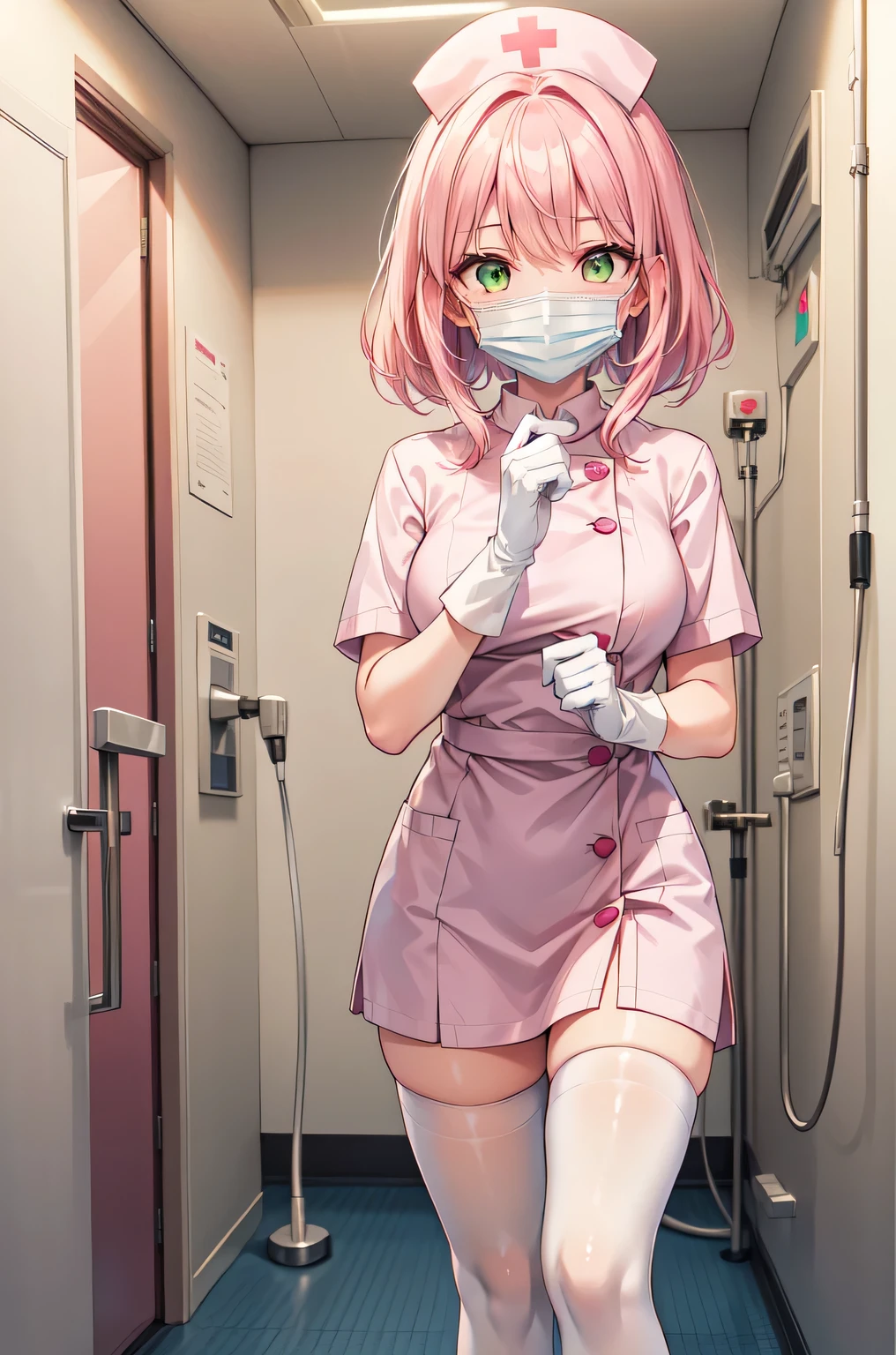 1girl, solo, nurse, white nurse cap, white nurse uniform, ((white legwear, zettai ryouiki)), white gloves, pink hair, green eyes, drooping eyes, ((white surgical mask, covered nose)), standing, ((hospital room)), sharp outline, short sleeves, best quality, masterpiece