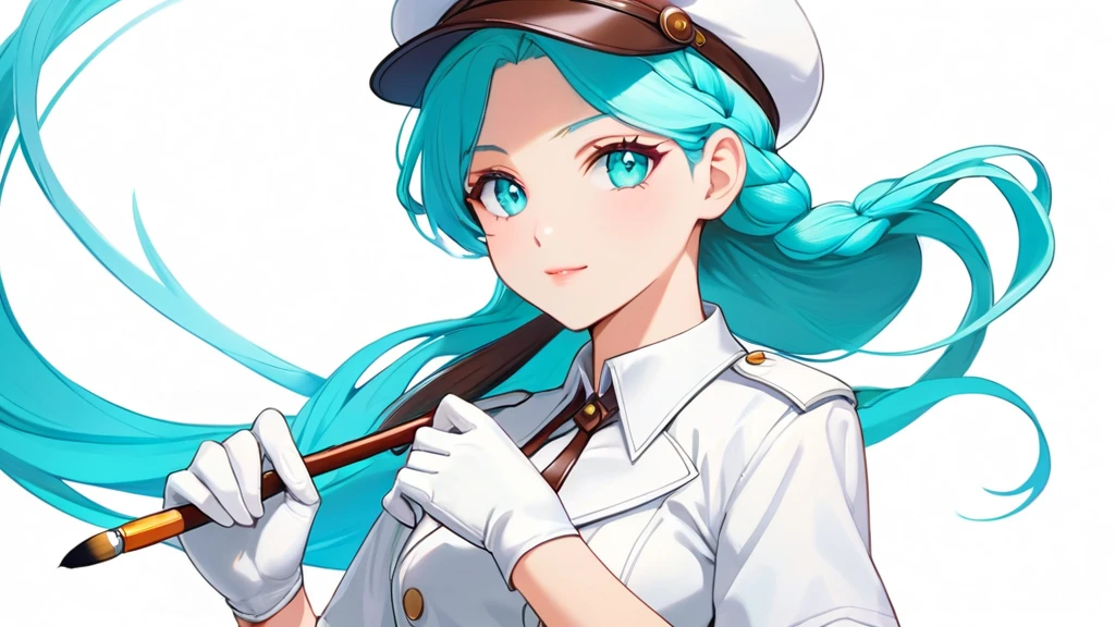 Female, woman, , Beautiful, Humble, long hair upper waist Stright Braided Hairstyles, Aqua blue pupil eyes colour, bright cyan Hairs, leather white wear Newsboy Cap, white dress flowing with skirt, wear leather white female gloves, holding small brush, Anime style, vivid colours, (White backgrounds:1.1)