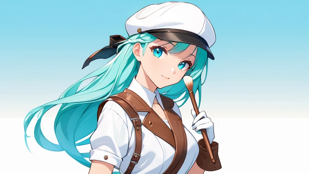 Female, woman, mature, Beautiful, Humble, Kind, long hair upper waist Stright Braided Hairstyles, Aqua blue pupil eyes colour, bright cyan Hairs, leather white wear Newsboy Cap, white dress flowing with skirt, wear leather white female gloves, holding small brush, Anime style, vivid colours, (White backgrounds:1.1)