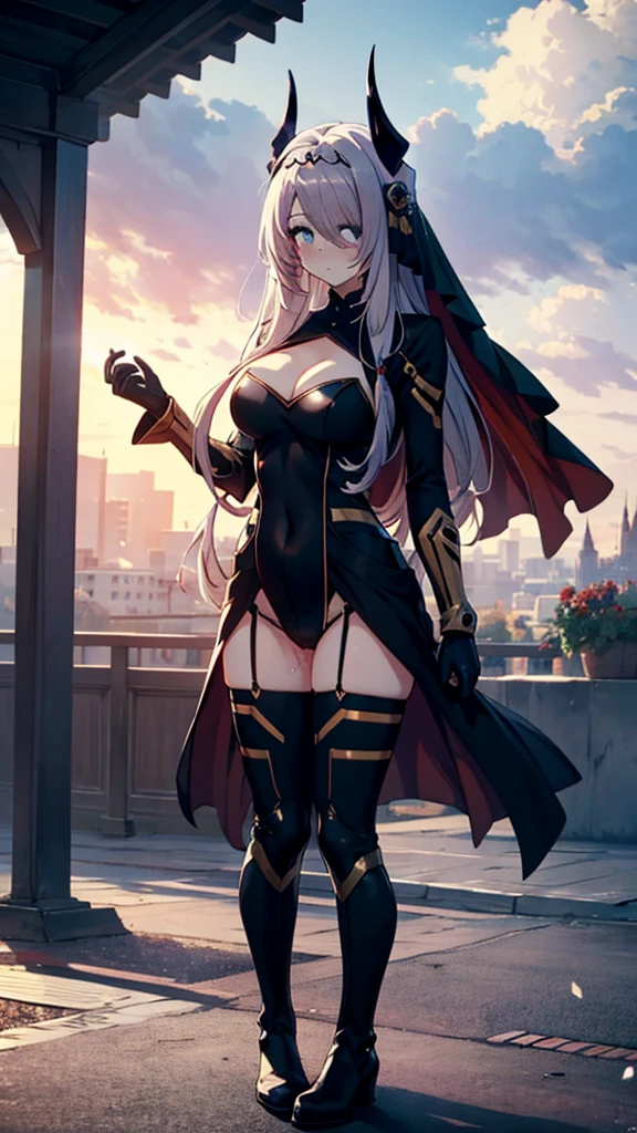 Highest quality,Masturbation,Pussy juice,Squat,horn, tiara, Veil, Black bodysuit, Pauldrons, Long sleeve, Cleavage cutout, Black gloves, Black overskirt, Black trousers,Show me your boots,leotard,elegant, 1 Girl, cute, Blushed, Looking at the audience, Beautiful Eyes, Beautiful background, Particles of light, Light of the sun, Dramatic lighting, outside, Shiny, Realistic, Highest quality, Very detailed, Get used to it, scenery, Beautiful and detailed, Thin Hair,Full Body Shot,