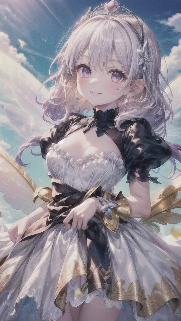 (Highest quality, masterpiece, Very detailedな, Very detailed, Exquisite, 16K,Full HD),A little closer,Golden Ratio,Dramatic lighting,pastel colour,seems to be happy,fly in the sky,Soft lighting, ((alone:1.5)),blue sky,rainbow,White cloud,Fluffy Clouds,Above the Clouds,((head shot)),rainbowの魔法,(Fairy Princess, Purple eyes, Long eyelashes,White skin,slim,pale pink plump lips,Pale pink cheeks, The wind is blowing,blonde,thin and long,(thin and high nose,Small Nose),(Huge fairy wings just above her waist),Diamond Tiara,Diamond Earrings,Diamond Earrings,Diamond Choker,(white ball gown dress:1.1), Pure white lace and frills,(smile:1.2), (Fantasy, Romantic atmosphere), Magic Light,