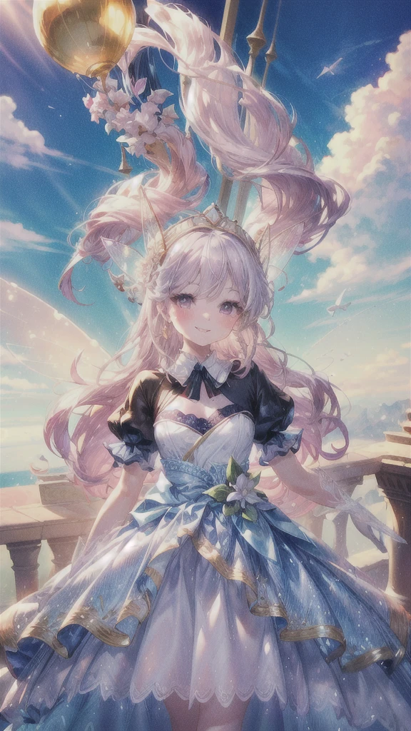 (Highest quality, masterpiece, Very detailedな, Very detailed, Exquisite, 16K,Full HD),A little closer,Golden Ratio,Dramatic lighting,pastel colour,seems to be happy,fly in the sky,Soft lighting, ((alone:1.5)),blue sky,rainbow,White cloud,Fluffy Clouds,Above the Clouds,((head shot)),rainbowの魔法,(Fairy Princess, Purple eyes, Long eyelashes,White skin,slim,pale pink plump lips,Pale pink cheeks, The wind is blowing,blonde,thin and long,(thin and high nose,Small Nose),(Huge fairy wings just above her waist),Diamond Tiara,Diamond Earrings,Diamond Earrings,Diamond Choker,(white ball gown dress:1.1), Pure white lace and frills,(smile:1.2), (Fantasy, Romantic atmosphere), Magic Light,