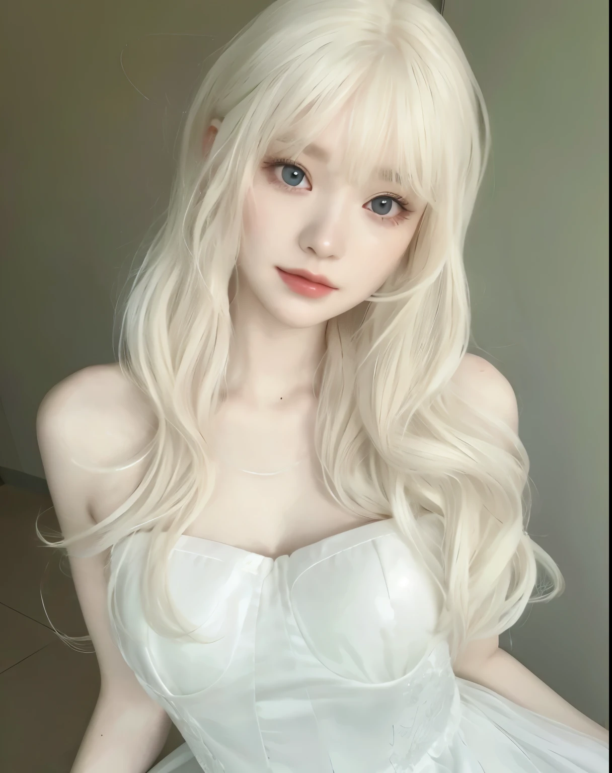 Close up of woman with long blonde hair wearing white dress, long white hair and bangs, White hime cut hairstyle, with long white hair, with long white hair, pale milky white porcelain skin, 창백한 porcelain white skin, very pale blonde, white fringe, animation in reality, long blonde hair and big eyes, porcelain white skin, blue eyes