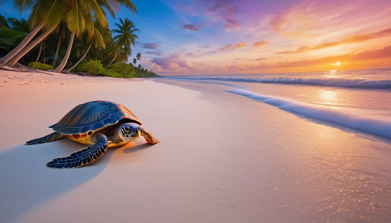 A beach with clear, bright blue water, soft white sand, beautiful coconut trees, a sunset sky with orange-red clouds and a setting sun, blending colors of blue, purple, orange, and red. ultra realistic, ultra clear, ultra detailed, ultra natural, ultra hd, ultra potrait, aesthetic, ultra sharp. turtle in the sand, pass angle.