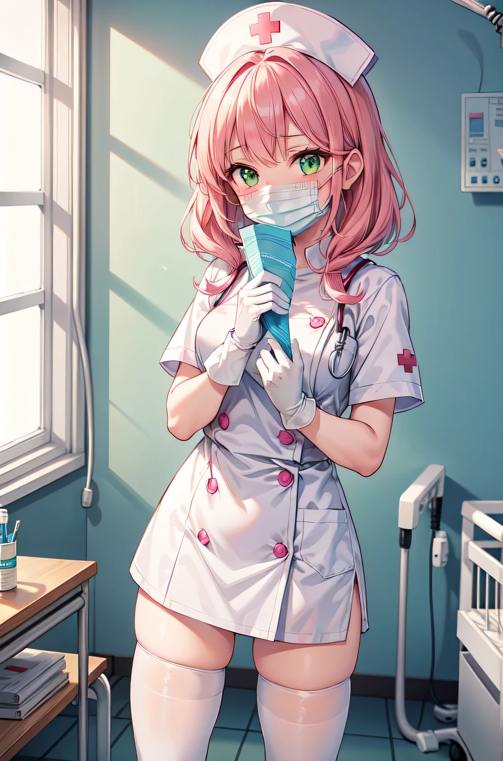 1girl, solo, nurse, white nurse cap, white nurse uniform, ((white legwear, zettai ryouiki)), white gloves, pink hair, green eyes, drooping eyes, ((white surgical mask, covered nose)), standing, ((hospital room)), sharp outline, short sleeves, best quality, masterpiece