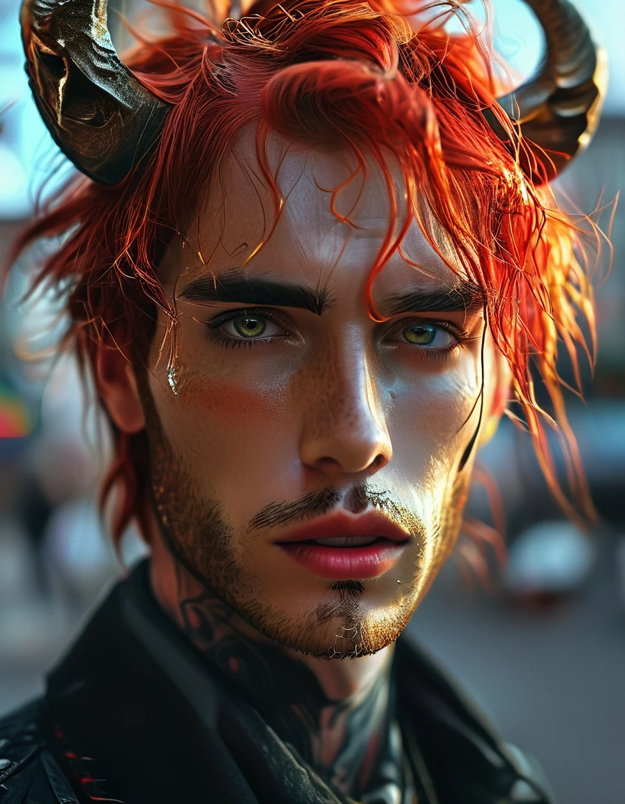 (((male))),(((best quality))),(((masterpiece))),extraordinarily handsome man, 25 year old male with perfect body, paris fashion week model, red hair, red eyes, black clothes, two black horns,4k,8k,best quality,portrait,full body shot,wide angle(8k,high resolution,high resolution),(((photo,raw photo,hyperrealism,masterpiece,best quality,ultra high resolution))))),(pinlight,backlight,backlit,cinematic light),sharp focus: 1.4,(ultra detailed,finely detailed),,perfect face high resolution,sharp focus,(ultra detailed,very detailed),(photorealistic artwork: 1.37),(highly detailed CG unity 8k wallpaper),(((vibrant colors,vibrant theme))),(intricate),(masterpiece),(best quality),art photography,(sldr Photo by),(intricate background),perfectly rendered face,perfect facial details,realistic face,photorealistic, ((Intricate Detail)), (((Realism)), Full Body, Wide Angle View