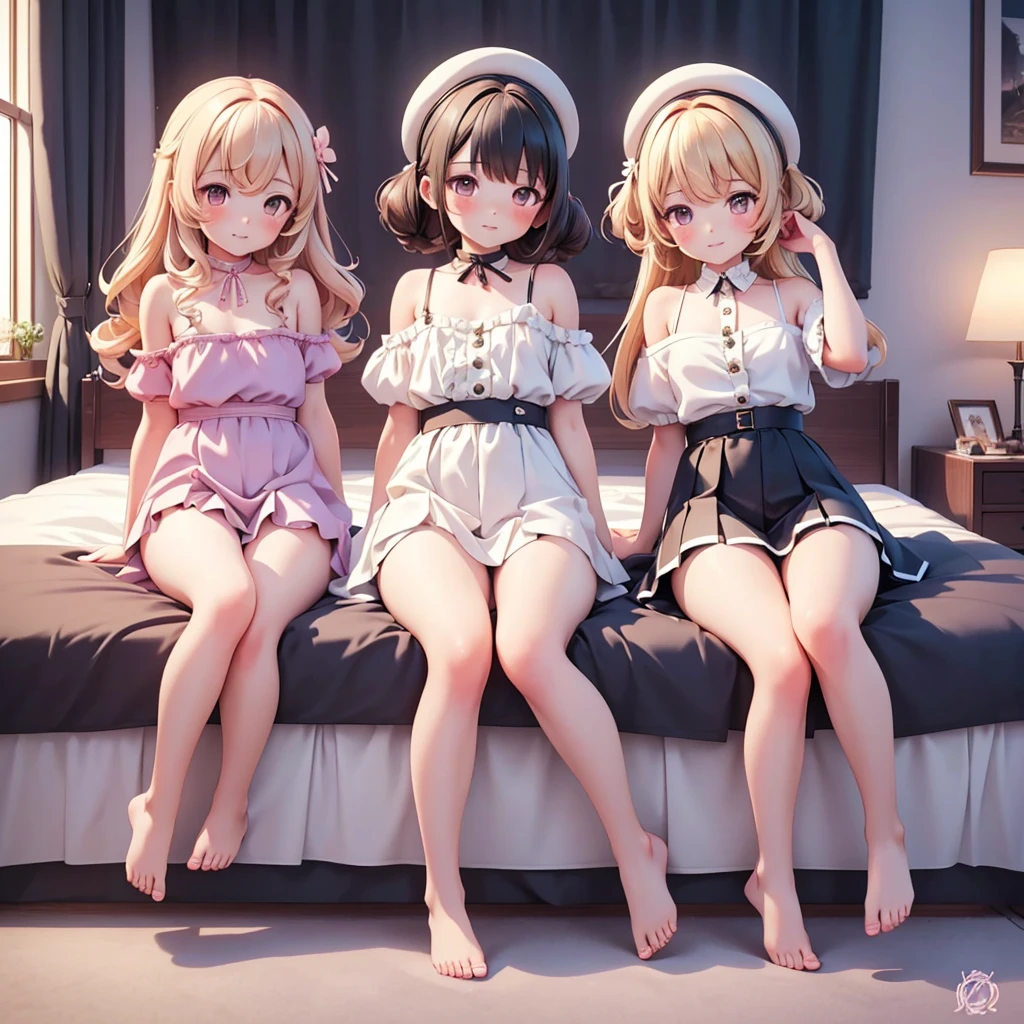 ((bishojo)), ((jk, 2 girls)), (puffy eyes), (masterpiece), (top quality), (hyper detailed), (exquisite), (8k), (depth), (crisp), (beautiful and aesthetic), (super detailed skin), (high standard), (high resolution), (perfect anatomy), (full body), (blush), (bare foot), ((sit, wariza)), (strap slip), (yuri), (my room), (arm up)