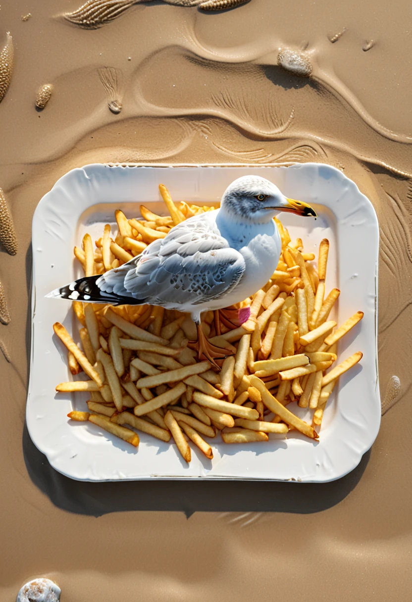 plate with image Capturing Seagull on beach made of Fries, (masterpiece, best quality, Professional, perfect composition, very aesthetic, absurdres, ultra-detailed, intricate details:1.3)