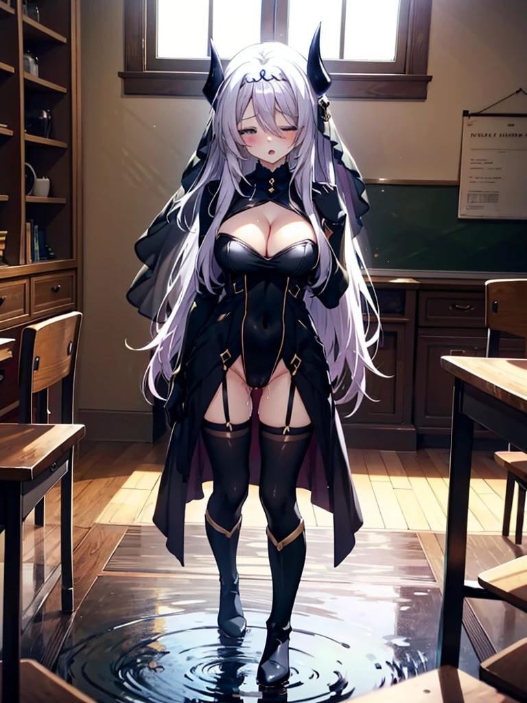 Highest quality, Beautiful and exquisite body,fine grain,classroom,Table Sex,Groin friction,Masturbation,A puddle of pussy juice,From below,Moaning,close your eyes,Open your mouth,horn, tiara, Veil, Black bodysuit, Pauldrons, Long sleeve, Cleavage cutout, Black gloves, Black overskirt, Black trousers,Show me your boots,leotard,elegant, 1 Girl, cute, Blushed, Looking at the audience, Beautiful Eyes, Beautiful background, Particles of light, Light of the sun, Dramatic lighting, outside, Shiny, Realistic, Highest quality, Very detailed, Get used to it, scenery, Beautiful and detailed, Thin Hair,Full Body Shot,