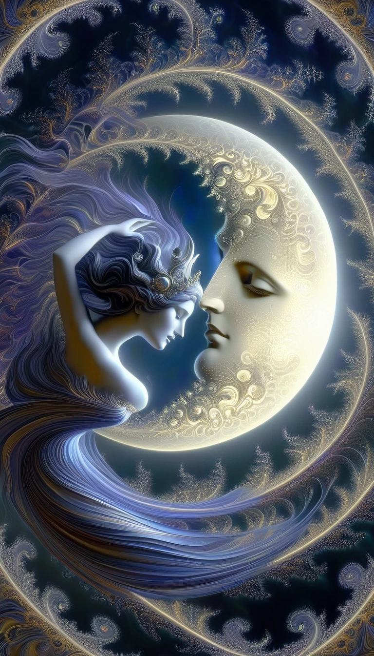 the famous love affair between Goddess of the moon Selene and mortal Endymion, fractal art, classic painting