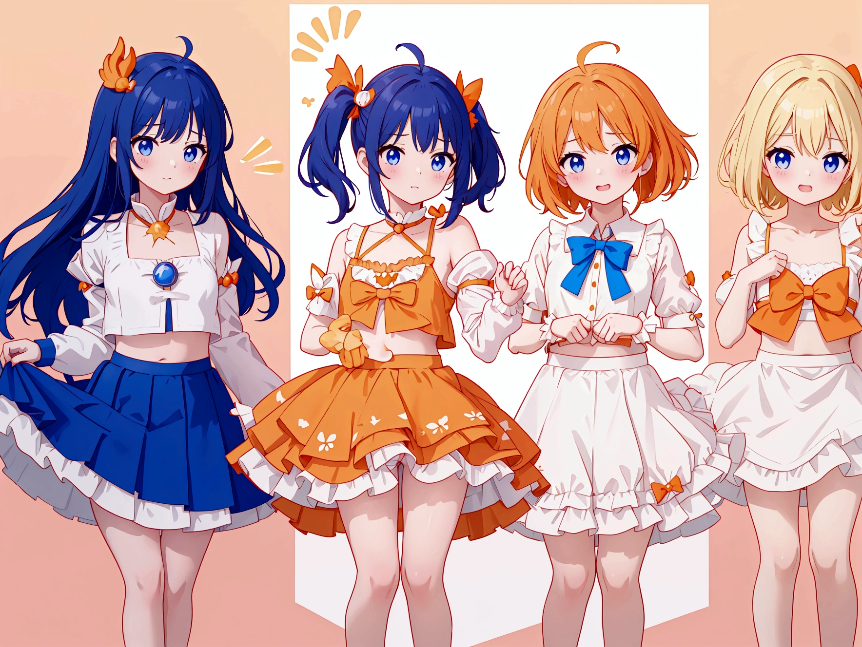 Magical girls of three different heights holding magic wands、Plain white with emphasis on the chestＴshirt、You can see the chest from the neck、Ultramarine and white striped mini skirt、When she lifts her skirt, she can see her cute orange frilly underwear..、Fluffy, White frilly flared skirt、When she lifted her skirt, She found some cute orange frilly underwear、barefoot、classroom、Orange bra