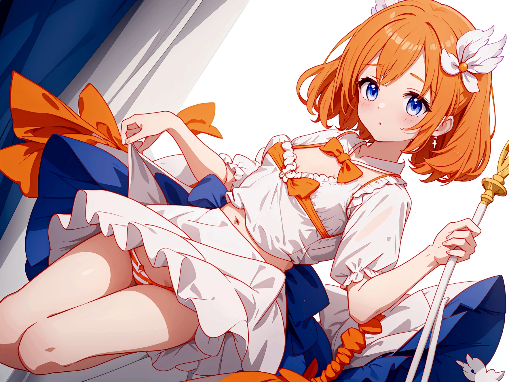 Magical girls of three different heights holding magic wands、Plain white with emphasis on the chestTshirt、You can see the chest from the neck、Ultramarine and white striped mini skirt、When she lifts her skirt, she can see her cute orange frilly underwear..、Fluffy, White frilly flared skirt、When she lifted her skirt, She found some cute orange frilly underwear、barefoot、classroom、Orange bra