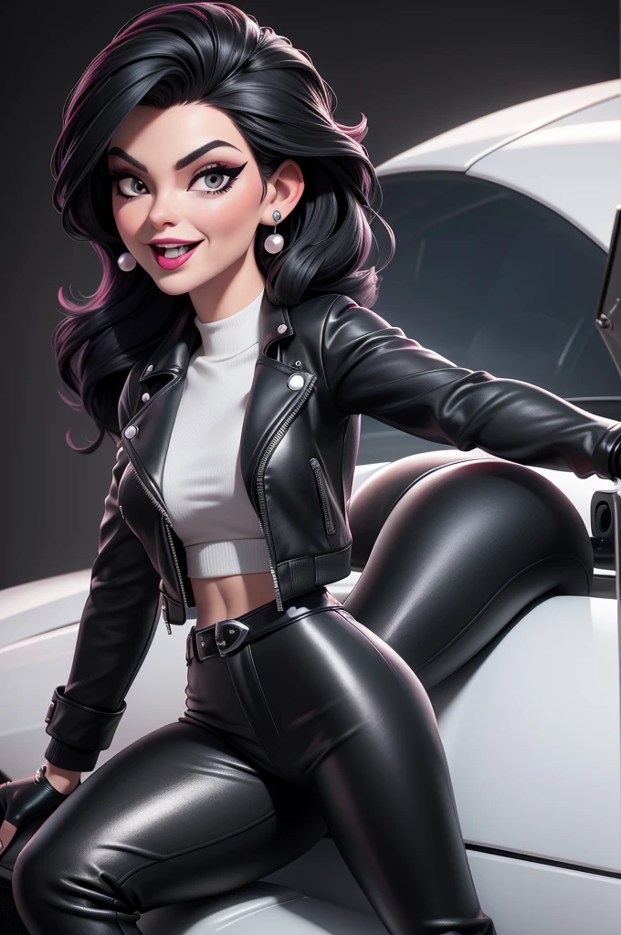obra prima, melhor qualidade, (emma peel vamp 70yo face wrinkles) head back, sassy wicked girl, big toothy smile, open mouth, ((shiny pearl white lipstick,)) thick smoky black eye shadow, long fake eyelashes, raven black mullet hair, ((cherry red leather biker jacket and pants,)) with studs zippers snaps, shiny leather gloves, body is skinny, laying down on hood of sports car, shiny tight buttocks, dazzle pose, pinup pose, exaggerated selfie pose, camera view of whole body, looking up at me, shallow depth of field, highres, HD, 8k, anatomically correct